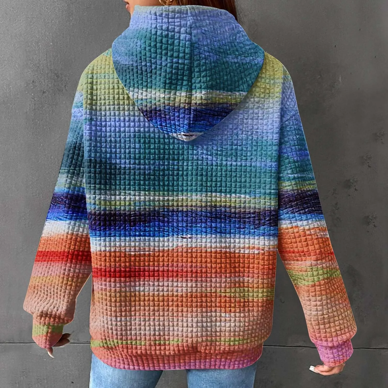 Waffle Hoodie for Women Multicolored Comfy Hoodies Casual Trendy Sweatshirt Loose Fit Pullover Tops with Pocket