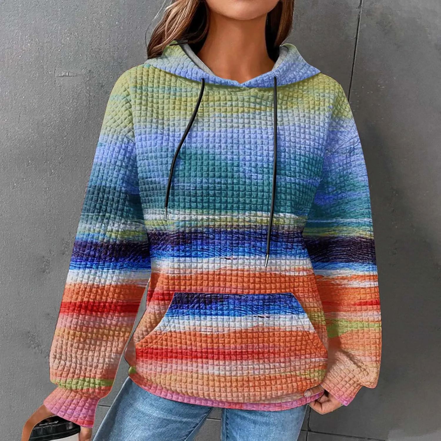Waffle Hoodie for Women Multicolored Comfy Hoodies Casual Trendy Sweatshirt Loose Fit Pullover Tops with Pocket