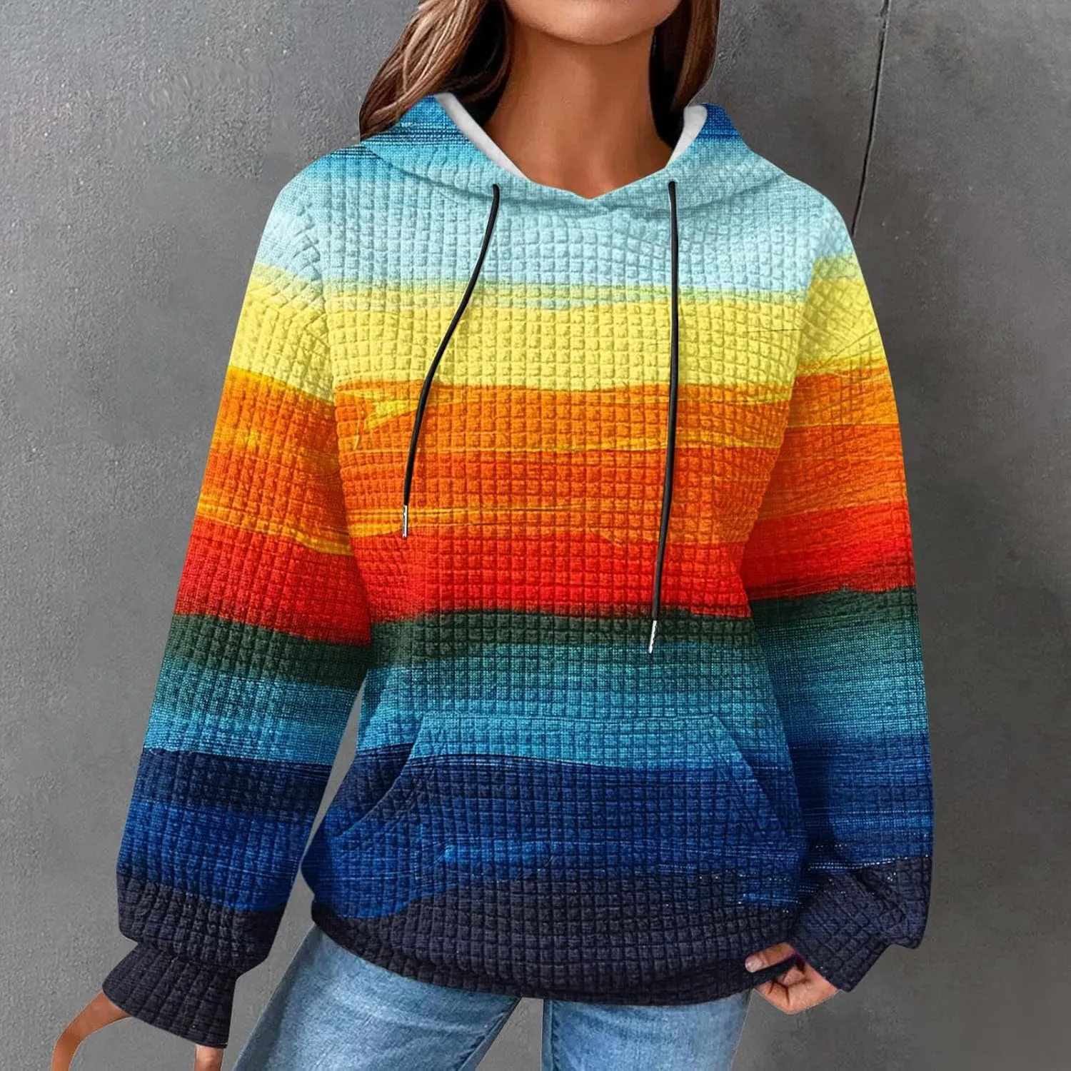 Waffle Hoodie for Women Multicolored Comfy Hoodies Casual Trendy Sweatshirt Loose Fit Pullover Tops with Pocket