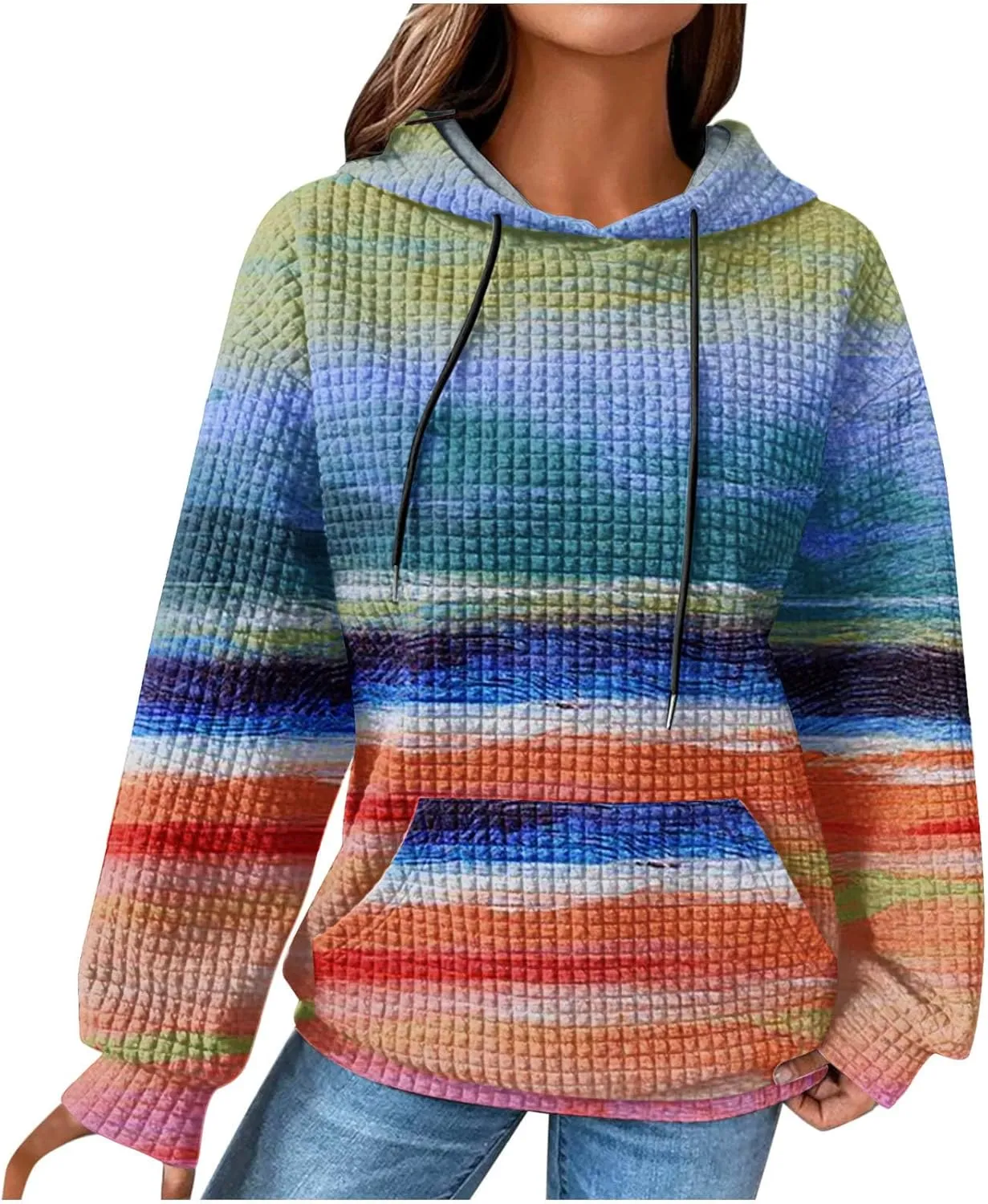 Waffle Hoodie for Women Multicolored Comfy Hoodies Casual Trendy Sweatshirt Loose Fit Pullover Tops with Pocket
