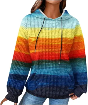 Waffle Hoodie for Women Multicolored Comfy Hoodies Casual Trendy Sweatshirt Loose Fit Pullover Tops with Pocket