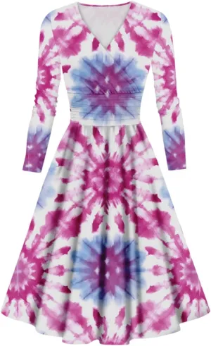 Wedding Guest Dresses for Women,Fall Outfits Ladies Fashion Casual Print Long Sleeve V-Neck Sexy Pocket Dress
