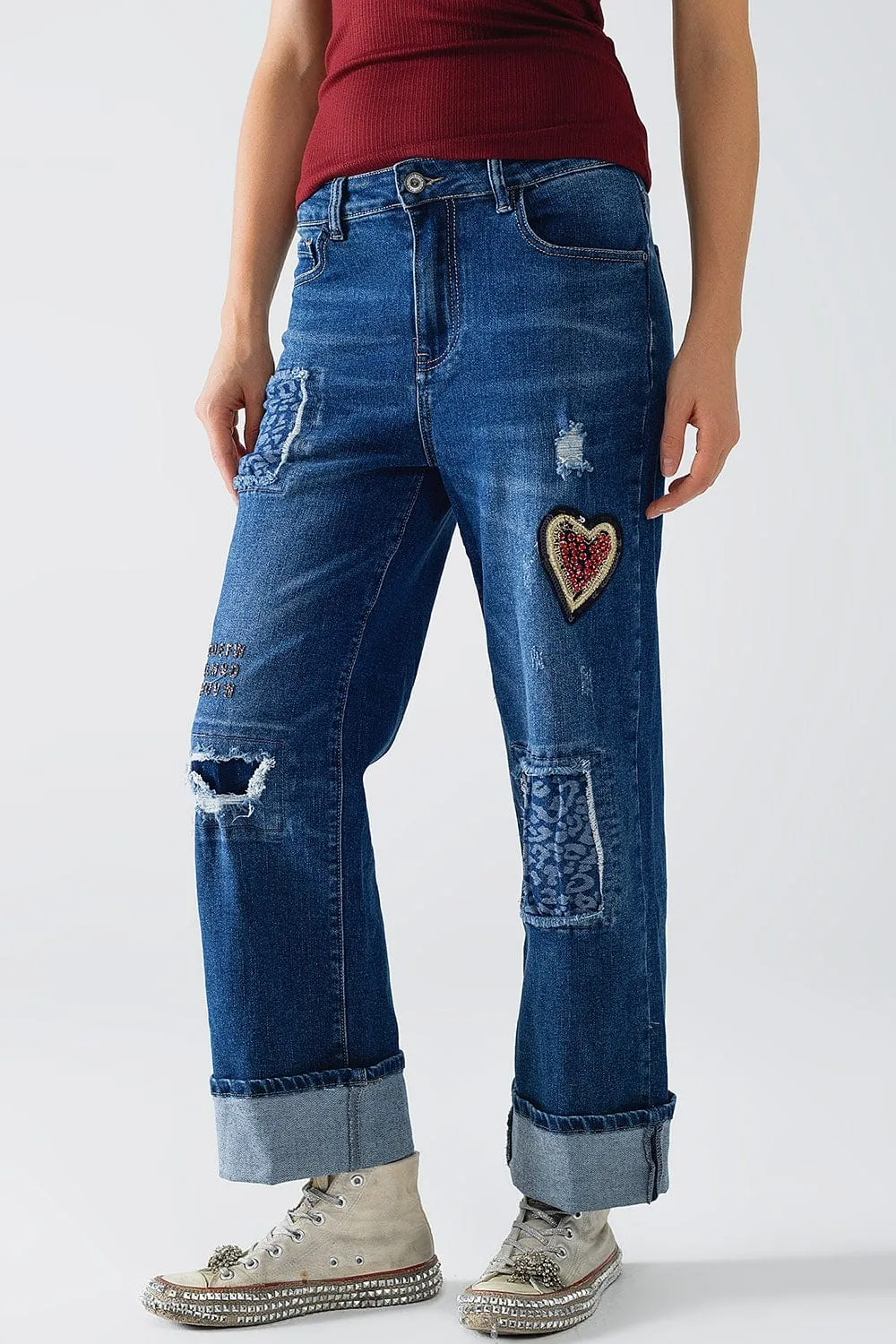 Wide Leg Jeans Embellished With Some Patches
