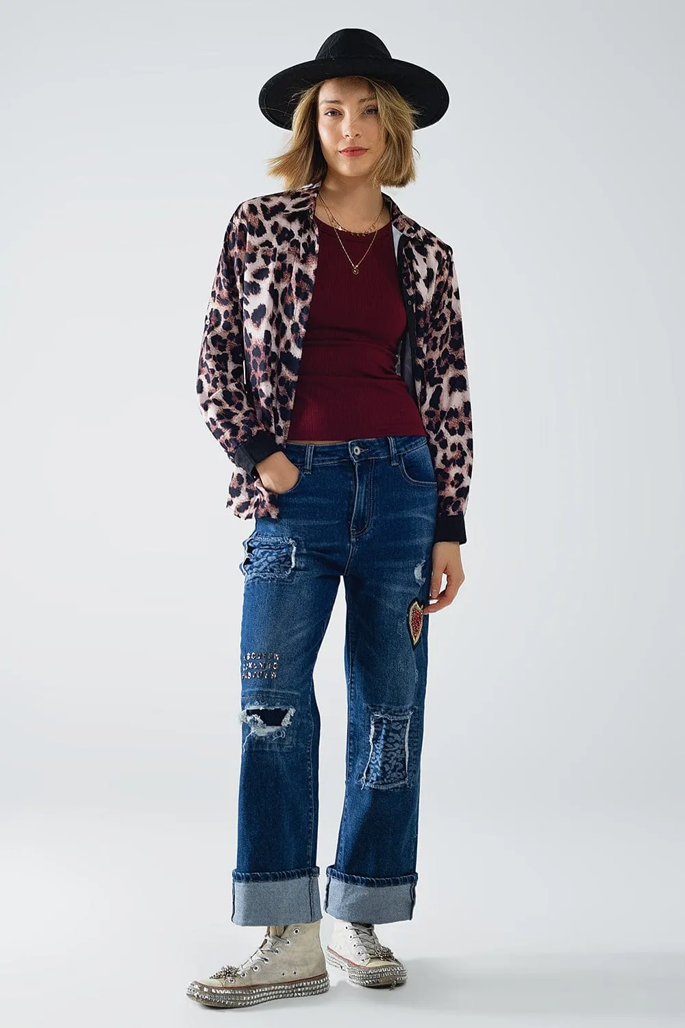 Wide Leg Jeans Embellished With Some Patches
