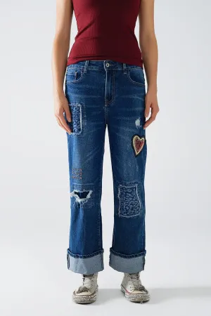 Wide Leg Jeans Embellished With Some Patches