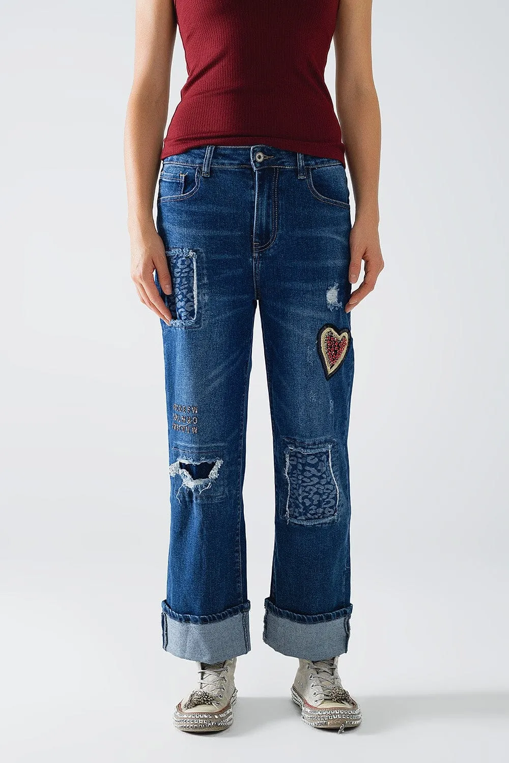 Wide Leg Jeans Embellished With Some Patches