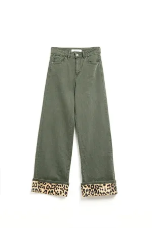 Wide Leg Military Green Pants With Leopard Print At The Bottom