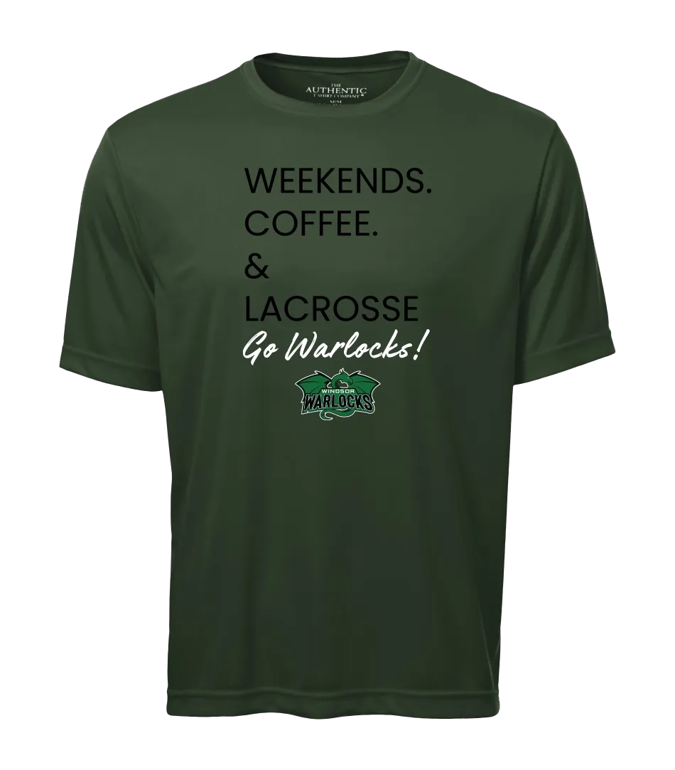 Windsor Warlocks Weekends. Coffee & Lacrosse Youth Dri-Fit T-Shirt with Printed Logo