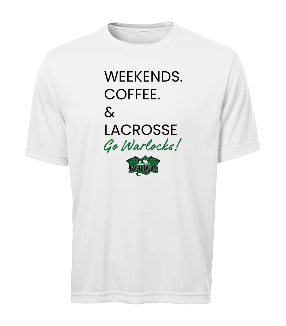 Windsor Warlocks Weekends. Coffee & Lacrosse Youth Dri-Fit T-Shirt with Printed Logo