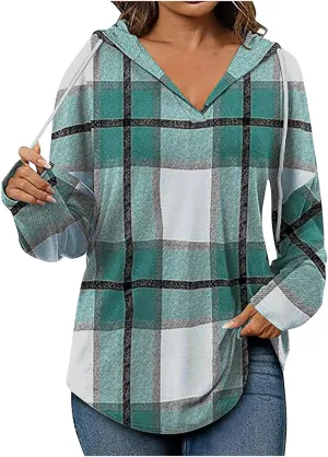 Women 2024 Hoodies Long Sleeve Drawstring Plaid Hooded Pullover Sweaters Causl Loose Tunic Tops Fashion on Clothes Green M