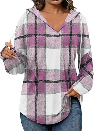 Women 2024 Hoodies Long Sleeve Drawstring Plaid Hooded Pullover Sweaters Causl Loose Tunic Tops Fashion on Clothes Pink XL