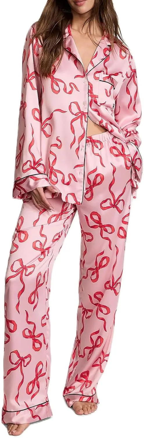Women Bow Pajamas Satin Pajama Set Floral Silk 2 Piece Lounge Sets Button Down Shirts Wide Leg Pants Cute Pjs