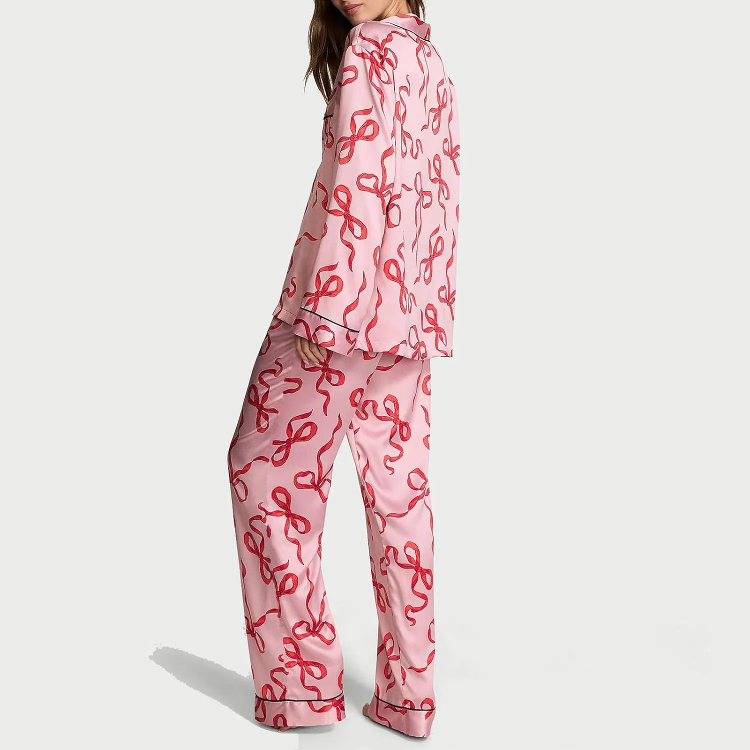 Women Bow Pajamas Satin Pajama Set Floral Silk 2 Piece Lounge Sets Button Down Shirts Wide Leg Pants Cute Pjs