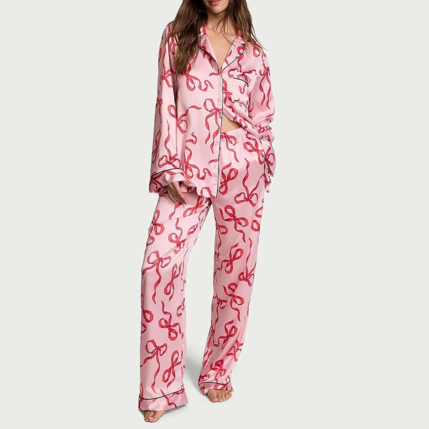 Women Bow Pajamas Satin Pajama Set Floral Silk 2 Piece Lounge Sets Button Down Shirts Wide Leg Pants Cute Pjs
