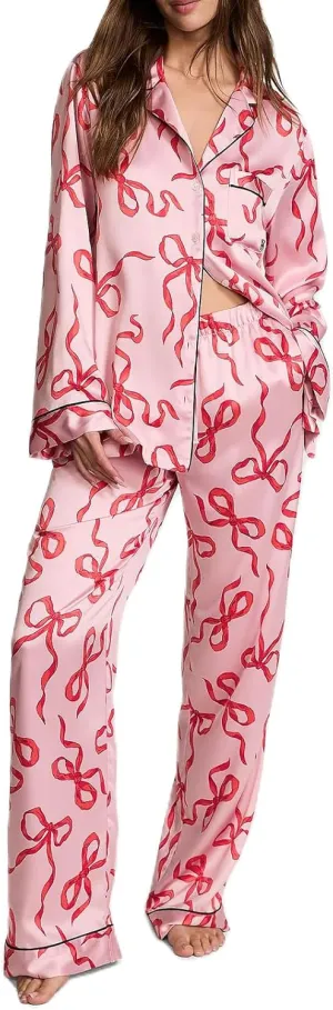 Women Bow Pajamas Satin Pajama Set Floral Silk 2 Piece Lounge Sets Button Down Shirts Wide Leg Pants Cute Pjs