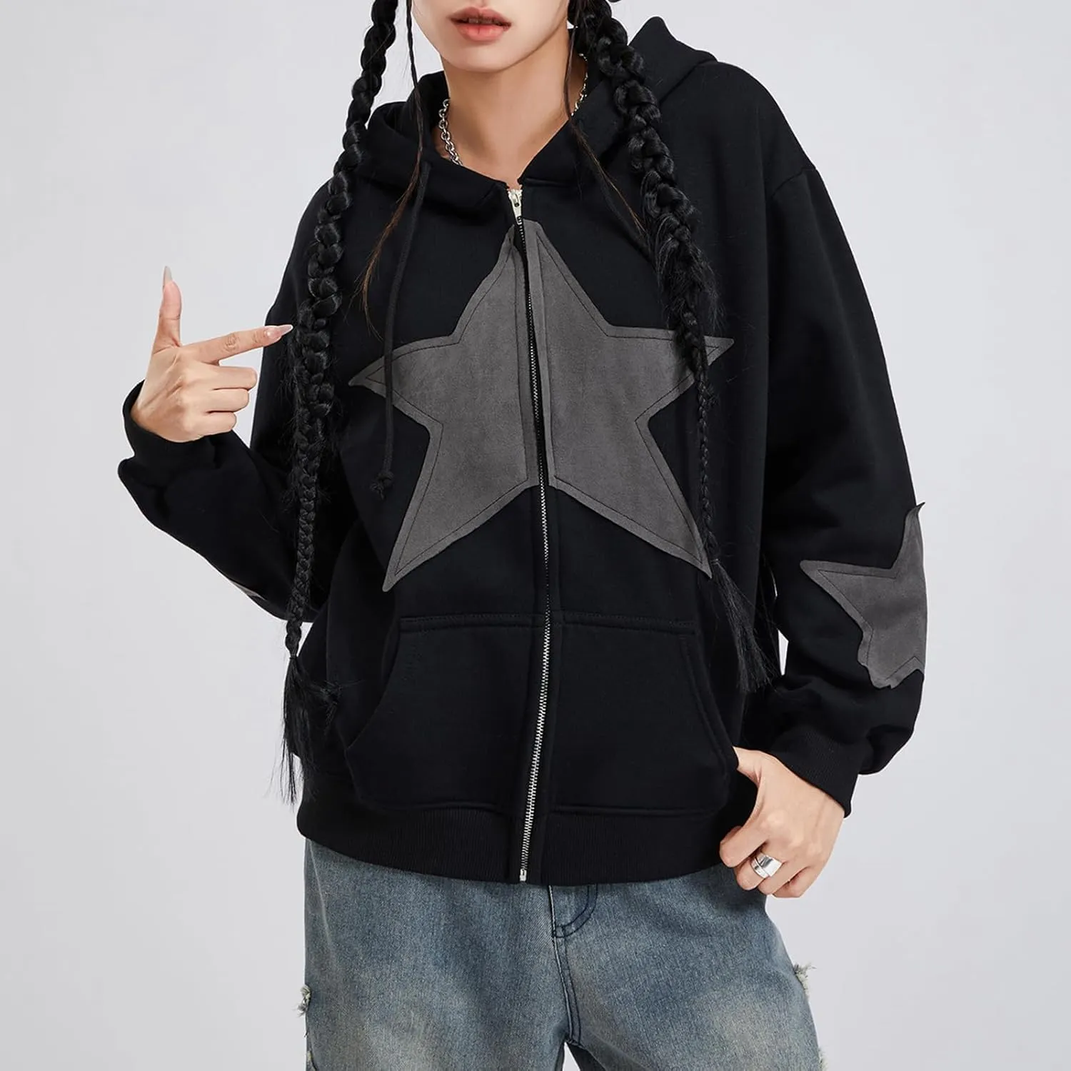 Women Girls Y2k Zip Up Hoodie Vintage Graphic Long Sleeve Oversized Jackets Harajuku Grunge Hooded Sweatshirt
