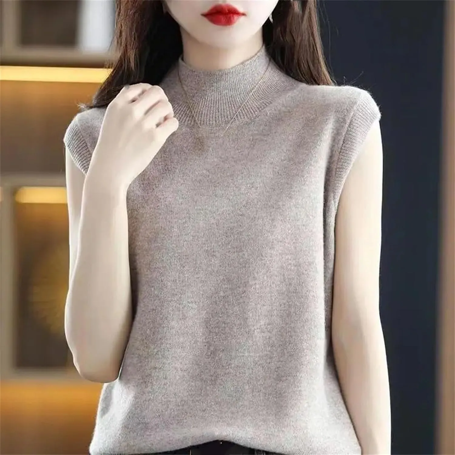 Women Half-Height Camisole Knitted Base Layer Pullover Round Neck Solid Color Loose Sleeveless Inside Top