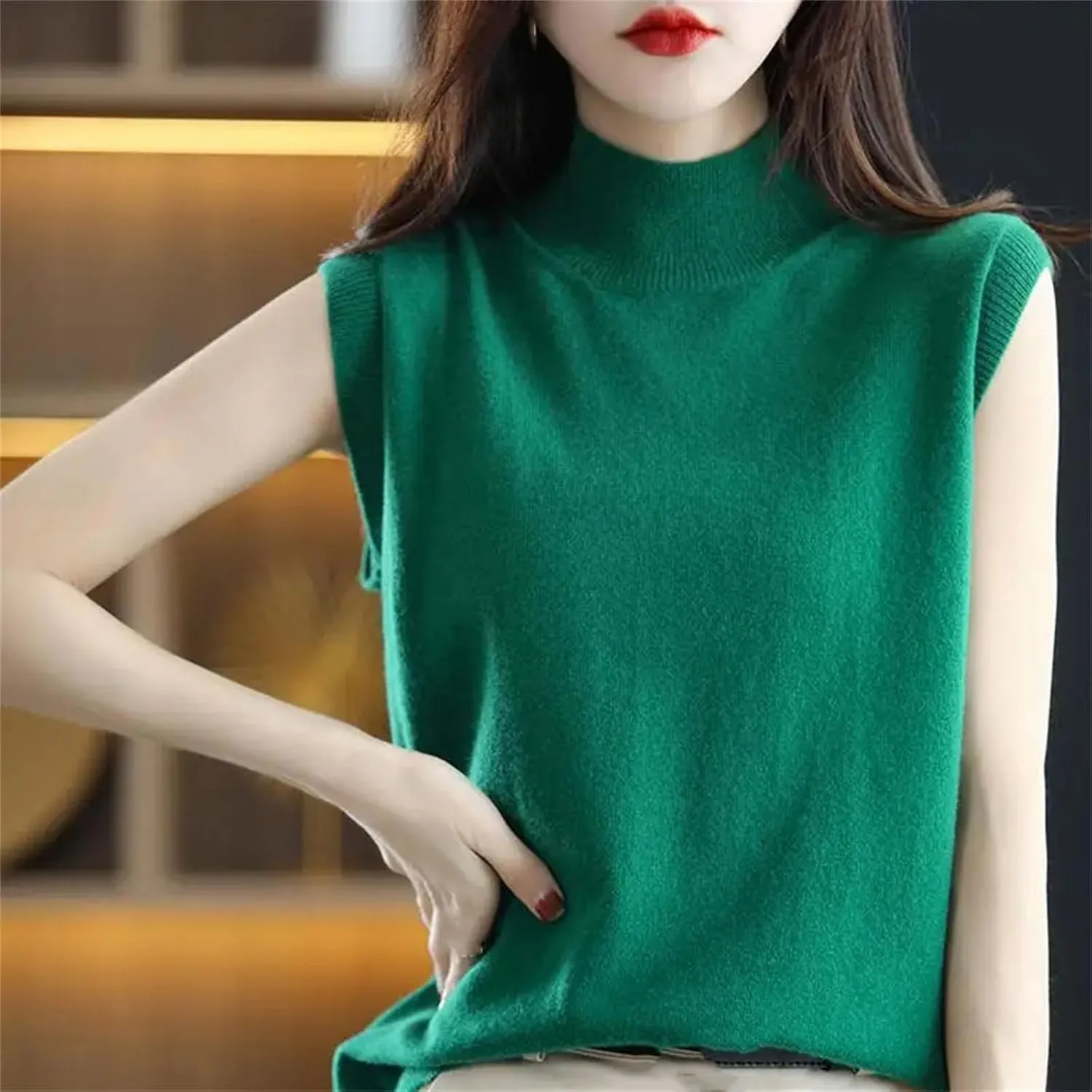Women Half-Height Camisole Knitted Base Layer Pullover Round Neck Solid Color Loose Sleeveless Inside Top