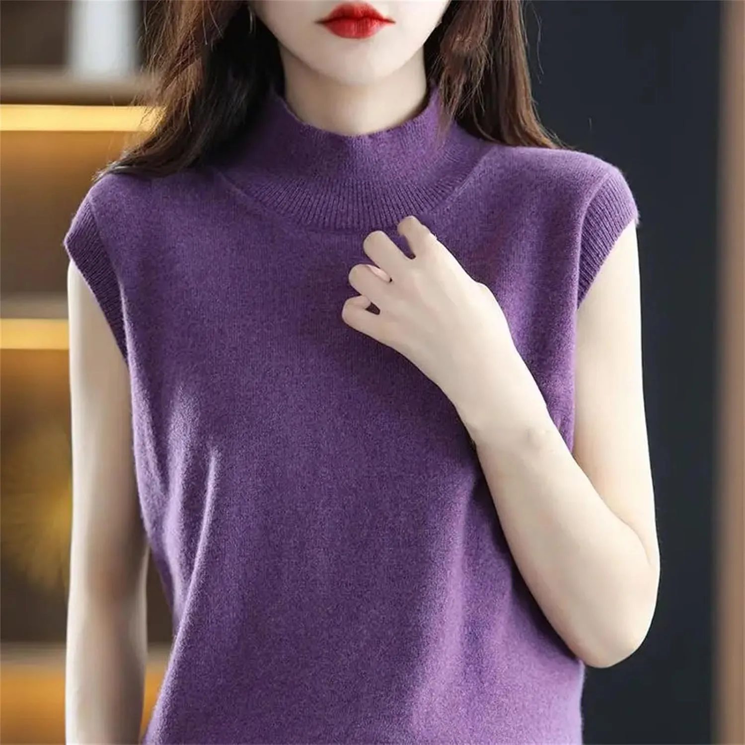 Women Half-Height Camisole Knitted Base Layer Pullover Round Neck Solid Color Loose Sleeveless Inside Top