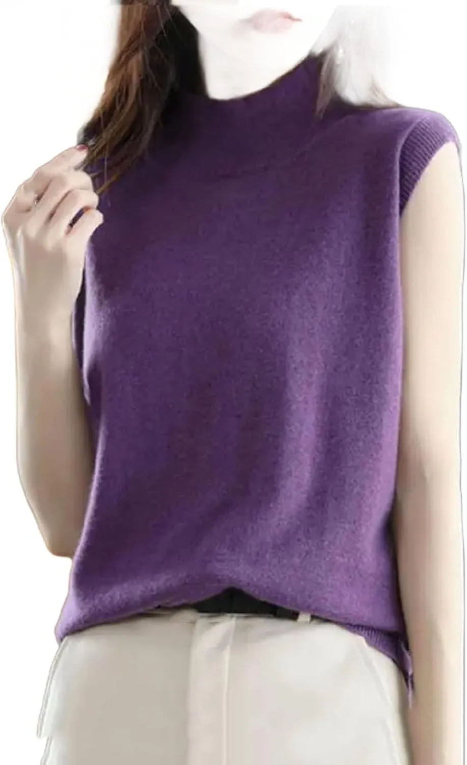 Women Half-Height Camisole Knitted Base Layer Pullover Round Neck Solid Color Loose Sleeveless Inside Top