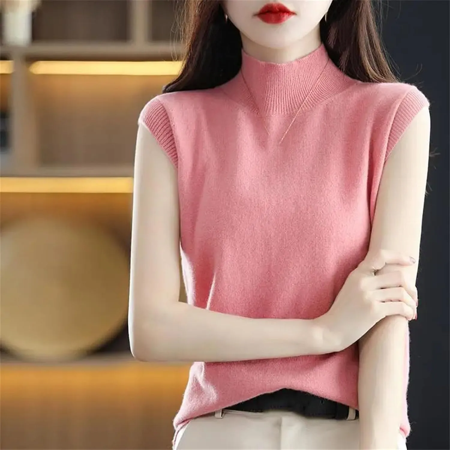 Women Half-Height Camisole Knitted Base Layer Pullover Round Neck Solid Color Loose Sleeveless Inside Top
