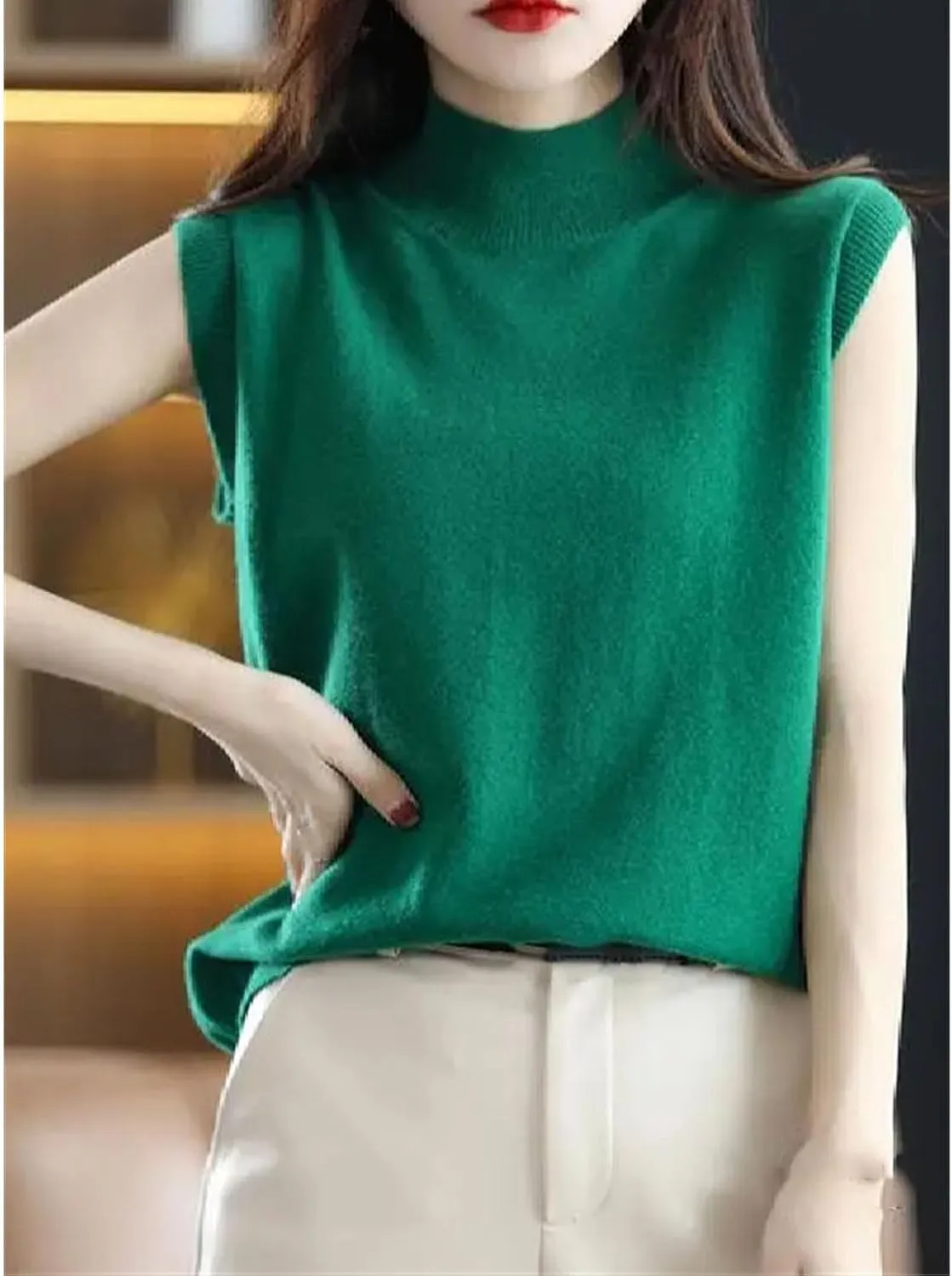 Women Half-Height Camisole Knitted Base Layer Pullover Round Neck Solid Color Loose Sleeveless Inside Top