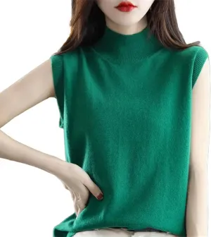 Women Half-Height Camisole Knitted Base Layer Pullover Round Neck Solid Color Loose Sleeveless Inside Top