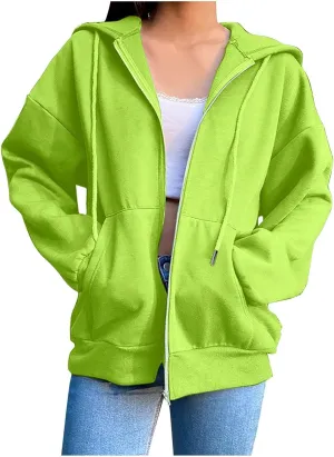 Women Hooded Full Zip Drawstring Sweatshirts Long Sleeve Oversized Casual Lightweight Jacket Winter Fashion Outfits