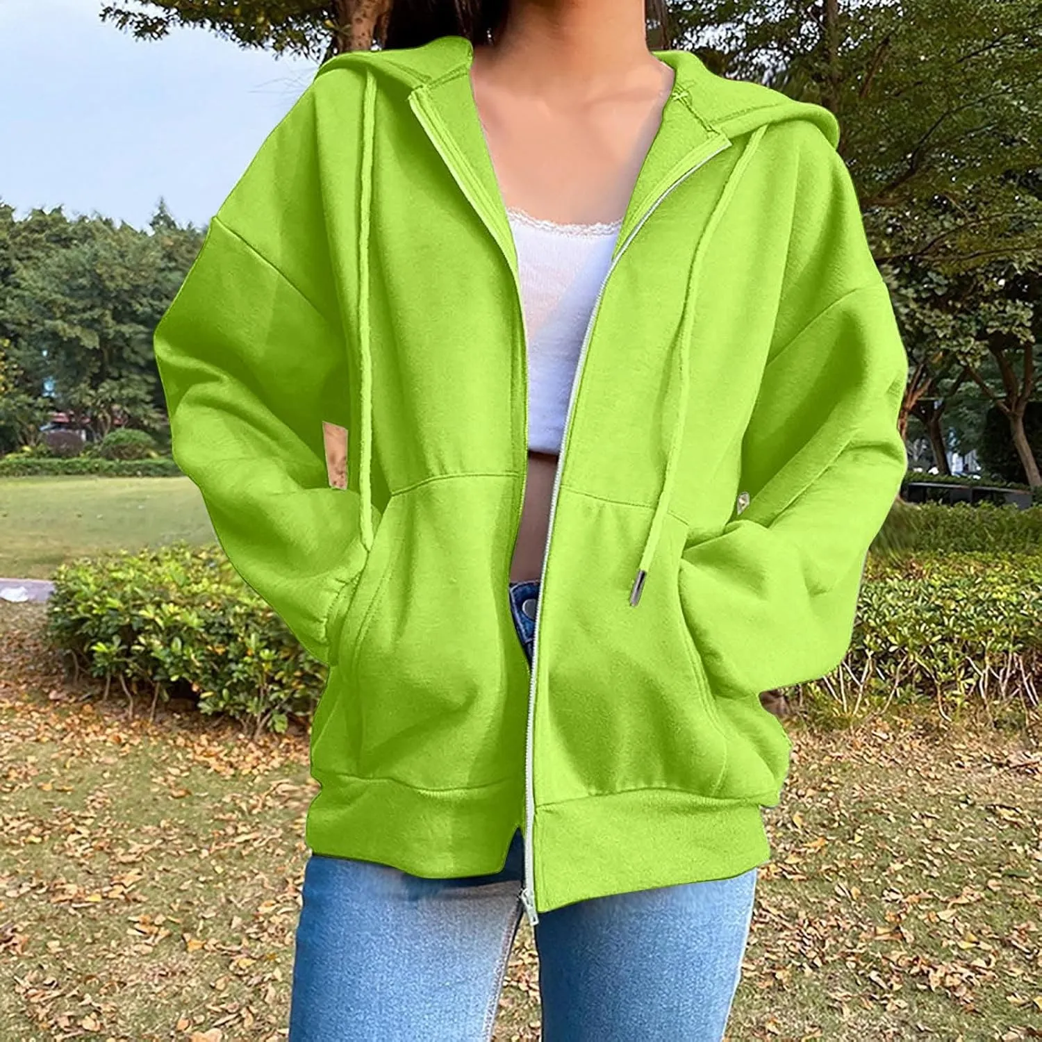 Women Hooded Full Zip Drawstring Sweatshirts Long Sleeve Oversized Casual Lightweight Jacket Winter Fashion Outfits