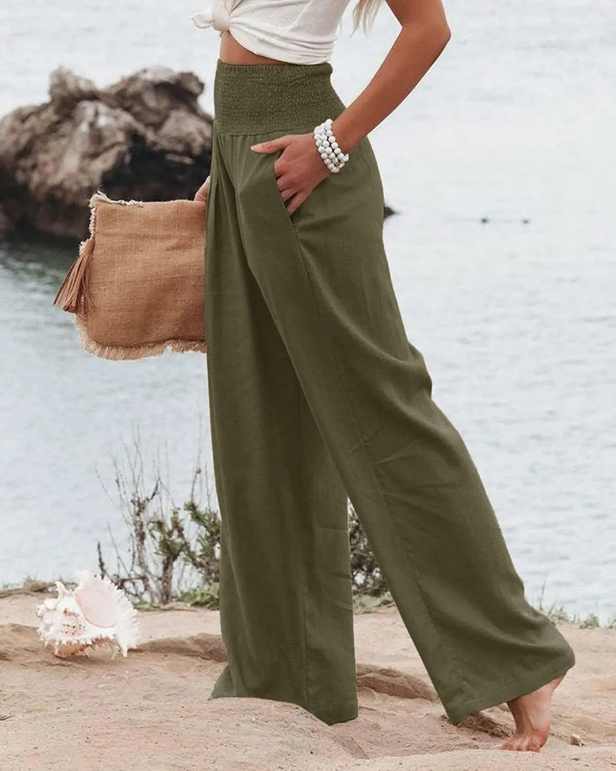 Women Linen Palazzo Pants Summer Bohemian Wide Leg High Waist Trousers Casual Lounge Slacks with Pockets