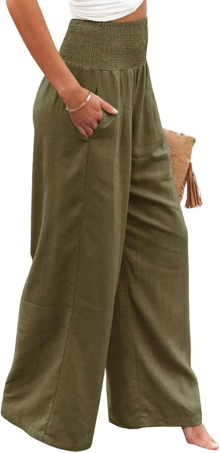 Women Linen Palazzo Pants Summer Bohemian Wide Leg High Waist Trousers Casual Lounge Slacks with Pockets