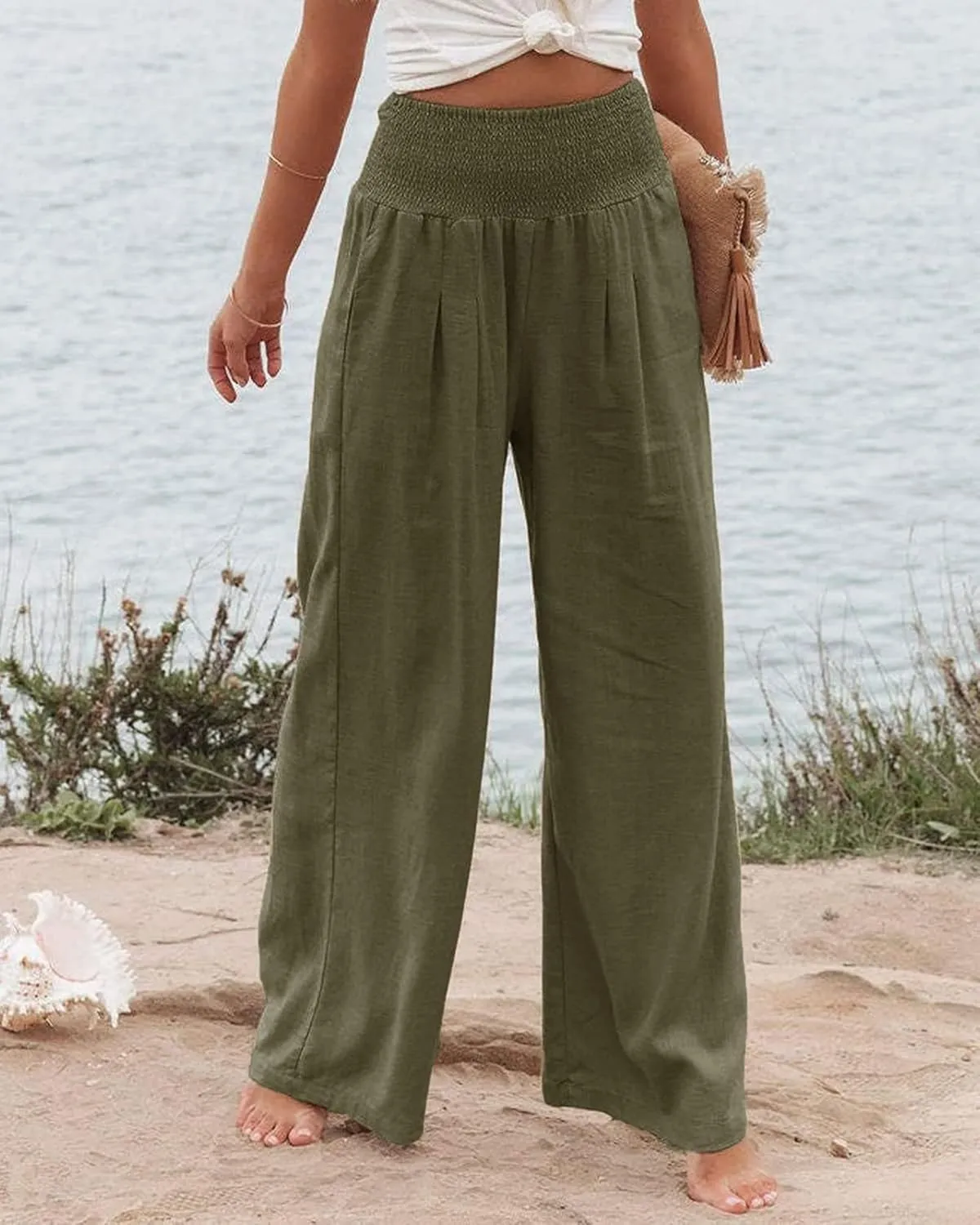 Women Linen Palazzo Pants Summer Bohemian Wide Leg High Waist Trousers Casual Lounge Slacks with Pockets