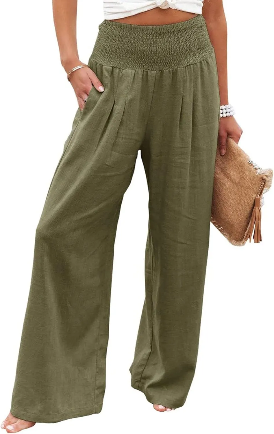 Women Linen Palazzo Pants Summer Bohemian Wide Leg High Waist Trousers Casual Lounge Slacks with Pockets