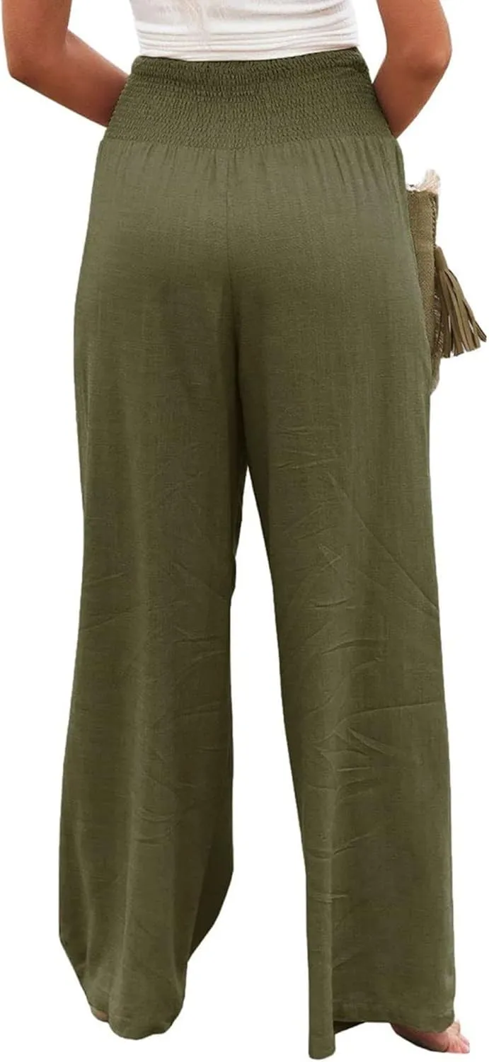 Women Linen Palazzo Pants Summer Bohemian Wide Leg High Waist Trousers Casual Lounge Slacks with Pockets