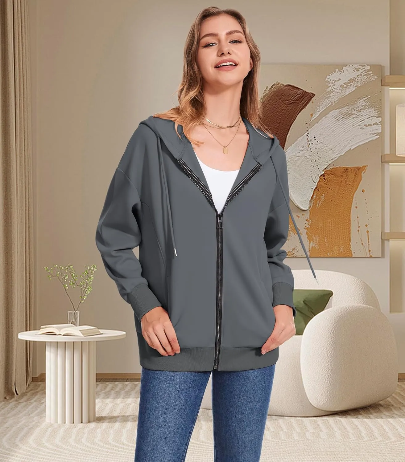 Women Long Sleeve Lightweight Zip Up Sweatshirts Y2K Oversized Hoodies Jackets With Pockets