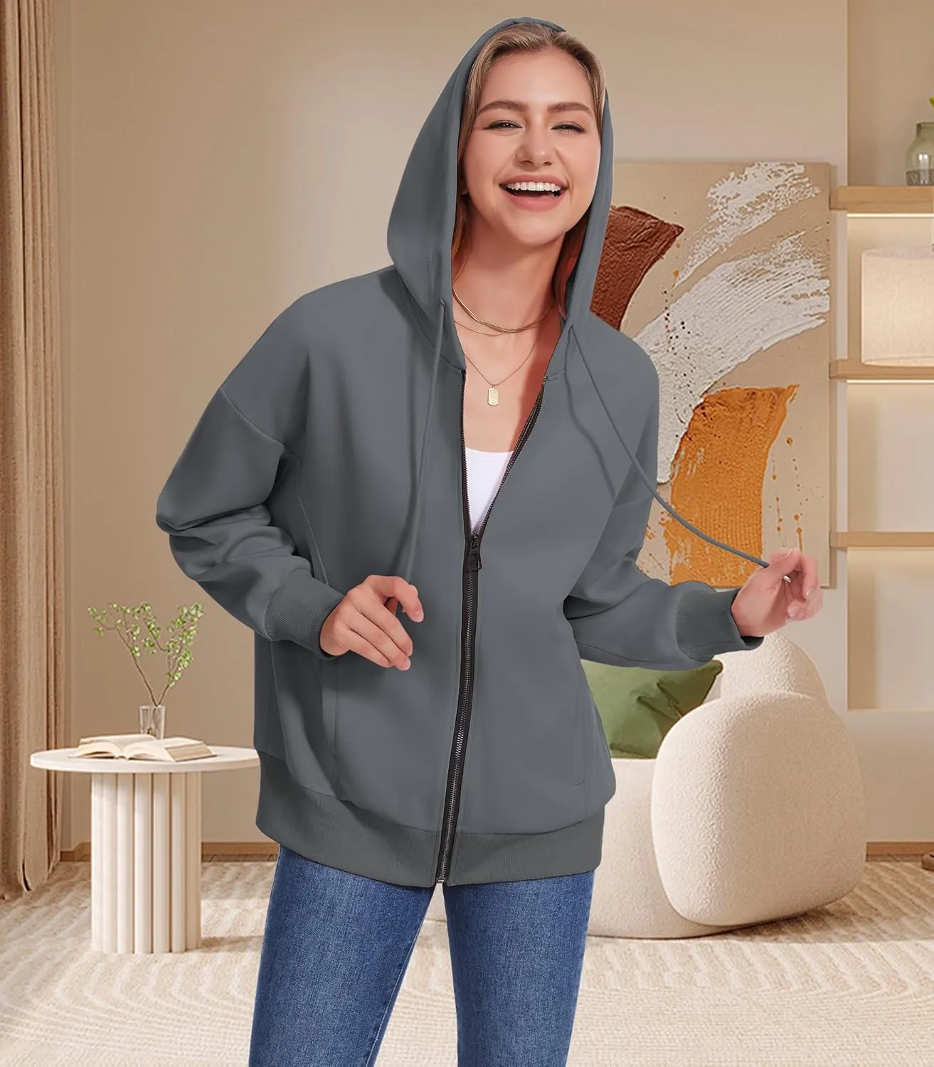 Women Long Sleeve Lightweight Zip Up Sweatshirts Y2K Oversized Hoodies Jackets With Pockets