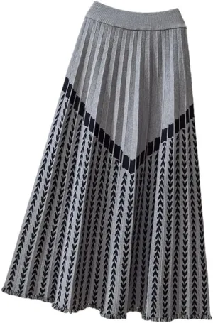 Women Midi Long Knitted Skirt Autumn Winter Thick Warm Geometric Print A Line High Waist Pleated Skirt