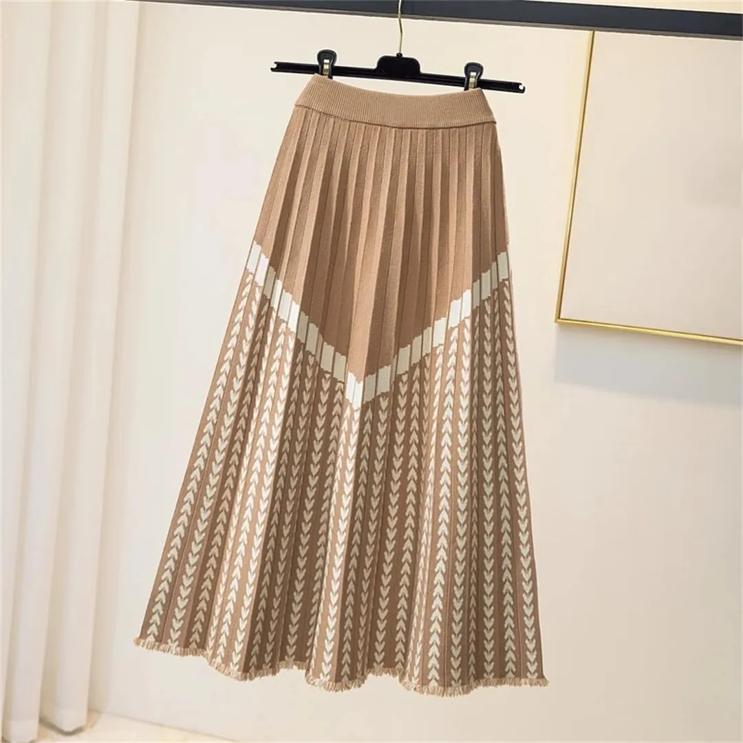 Women Midi Long Knitted Skirt Autumn Winter Thick Warm Geometric Print A Line High Waist Pleated Skirt