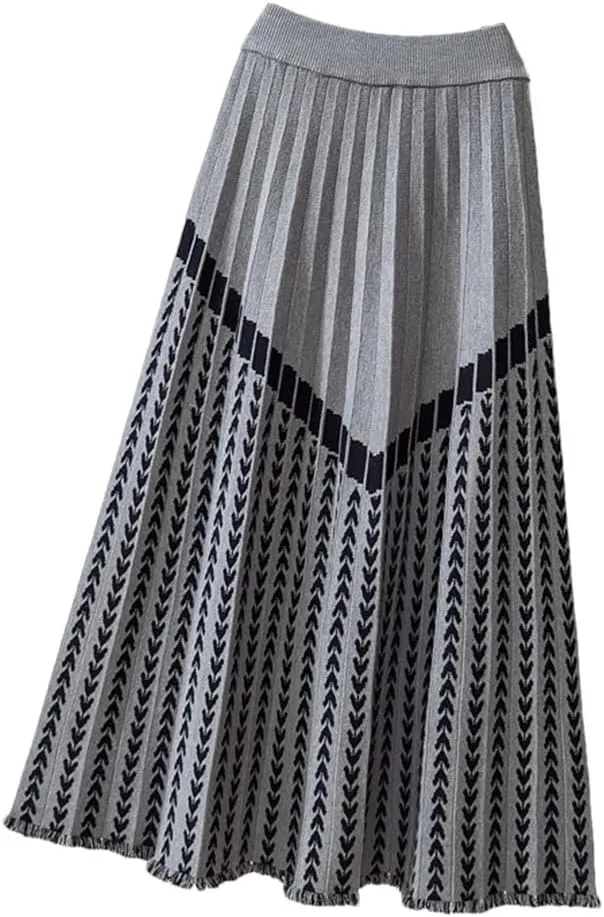 Women Midi Long Knitted Skirt Autumn Winter Thick Warm Geometric Print A Line High Waist Pleated Skirt