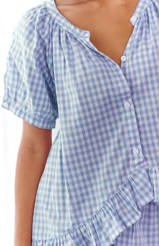 Women Plaid 2 Piece Pajama Set Y2K Button Down Puff Sleeve Babydoll Shirt Gingham Pants Loungewear Sleepwear Pjs