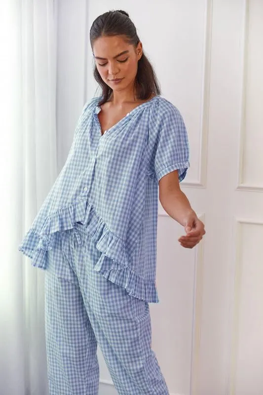 Women Plaid 2 Piece Pajama Set Y2K Button Down Puff Sleeve Babydoll Shirt Gingham Pants Loungewear Sleepwear Pjs