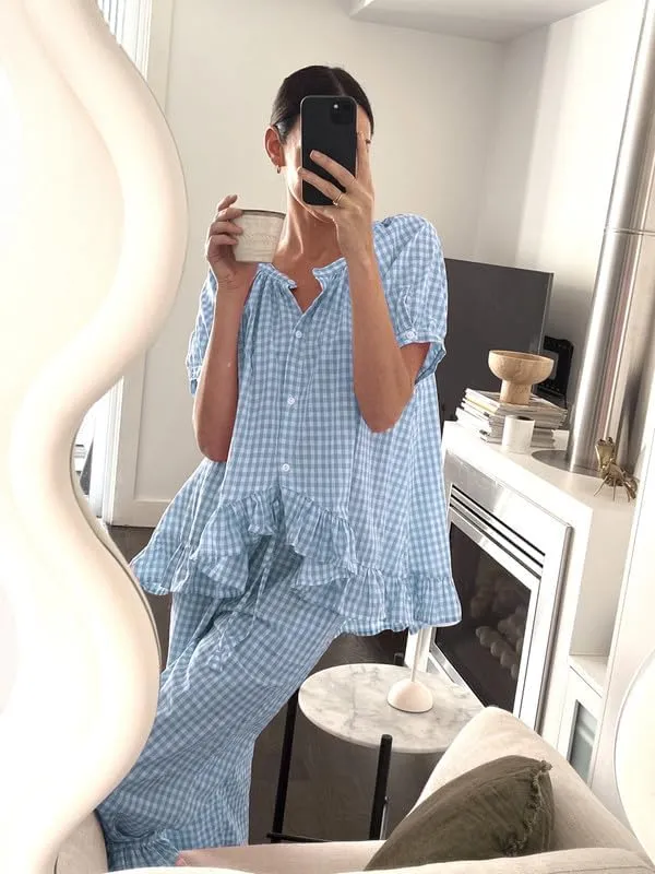 Women Plaid 2 Piece Pajama Set Y2K Button Down Puff Sleeve Babydoll Shirt Gingham Pants Loungewear Sleepwear Pjs