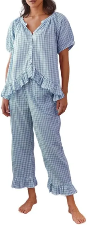 Women Plaid 2 Piece Pajama Set Y2K Button Down Puff Sleeve Babydoll Shirt Gingham Pants Loungewear Sleepwear Pjs