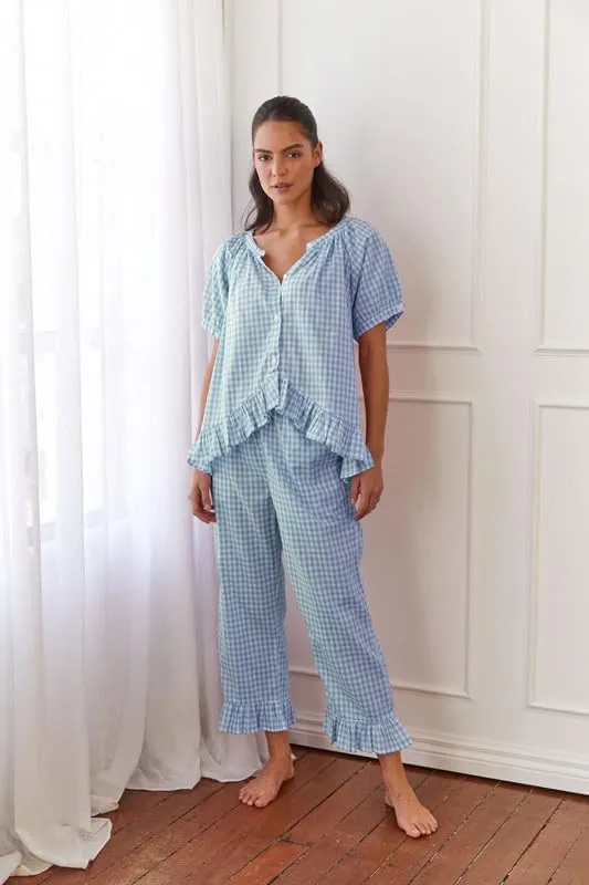 Women Plaid 2 Piece Pajama Set Y2K Button Down Puff Sleeve Babydoll Shirt Gingham Pants Loungewear Sleepwear Pjs