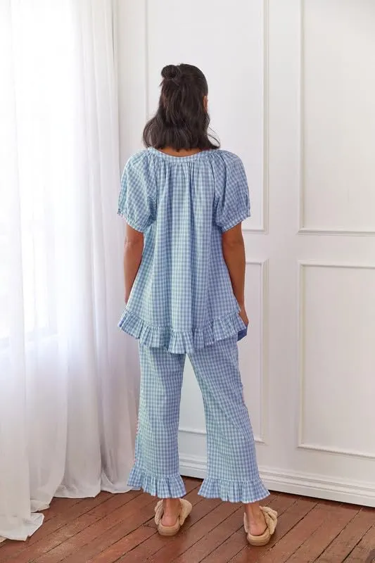 Women Plaid 2 Piece Pajama Set Y2K Button Down Puff Sleeve Babydoll Shirt Gingham Pants Loungewear Sleepwear Pjs