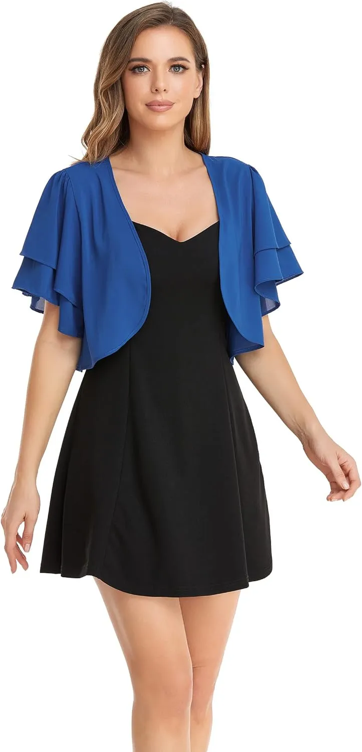 Women Short Sleeve Shrug Cropped Bolero Open Front Chiffon Cardigan for Evening Dress