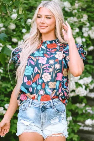 Women Trimmed Ruffle Sleeve Summer Floral Blouse