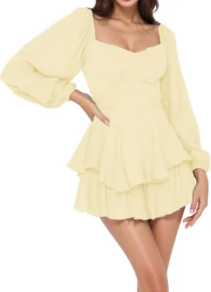 Women's 2025 Casual Long Sleeve Dresses Empire Waist Tie Back a Line Mini Dresses Layer Ruffle Hem Short Dresses