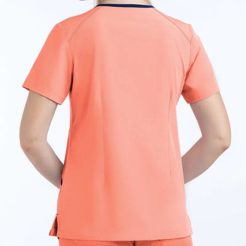 Women's Contrast Curved V- Neck Top by Maevn XS-3XL / Fresh Salmon