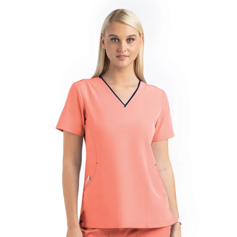 Women's Contrast Curved V- Neck Top by Maevn XS-3XL / Fresh Salmon